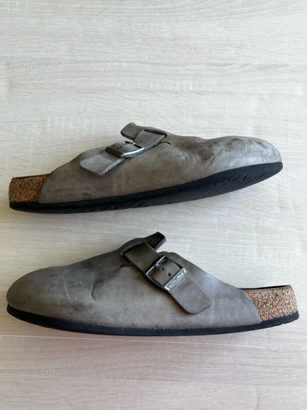 Birkenstock Boston Clogs Gray Taupe Leather Buckle Slip On Shoes Size 44